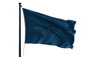 Modern, deep corporate blue flag with subtle geometric pattern, dynamically unfurling from matte black flagpole under golden hour light. Blurred cityscape background, low-angle shot, sharp focus,