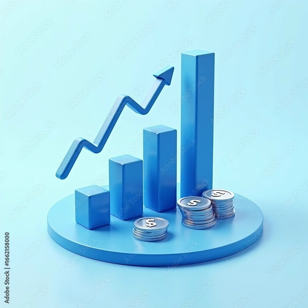 Poster blue 3d bar graph with upward trend arrow and stacked coins on a circular platform