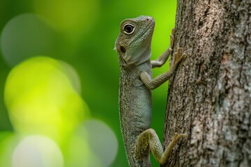 Fototapeta premium Green Lizard Climbing on Tree Trunk