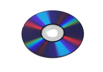 Highly stylized abstract disc with sleek metallic edges and vivid iridescent electric blue, deep purple, fiery red, yellow reflections on a transparent studio background. Concept of data integrity