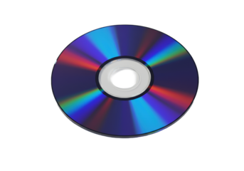 Highly stylized abstract disc with sleek metallic edges and vivid iridescent electric blue, deep purple, fiery red, yellow reflections on a transparent studio background. Concept of data integrity