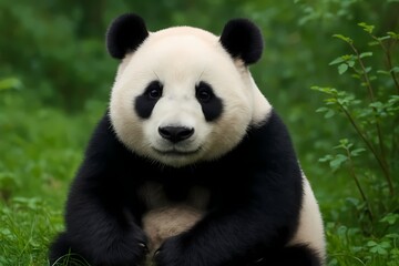 Obraz premium A cute panda bear resting on the grass, surrounded by a serene outdoor environment.