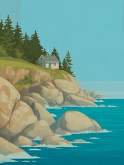 A charming coastal scene with a house perched on a rocky cliff