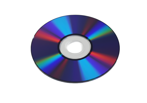 Highly stylized abstract disc with sleek metallic edges and vivid iridescent electric blue, deep purple, fiery red, yellow reflections on a transparent studio background. Concept of data integrity