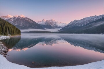 Bergsee im Morgengrauen mit Spiegelung der Berge