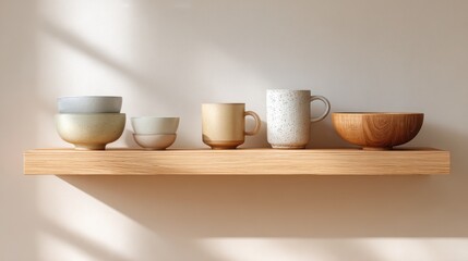 Modern ceramic tableware displayed on a wooden shelf with warm light highlighting each piece