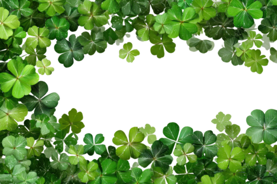 Clover shamrock leaves border frame over transparent background. St Patrick's Day shamrock vector symbols decorative elements.