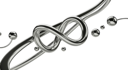 Polished silver and chrome abstract forms, interconnected loops and trailing arc suggesting motion, transparent studio background, copy space, concept of digital progress