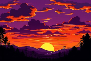  pixel art vibrant sunset with dramatic clouds and silhouetted mountains