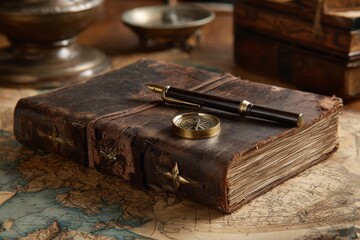 Aged leather-bound journal with writing implements on a map-covered table