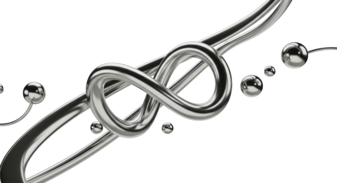 Polished silver and chrome abstract forms, interconnected loops and trailing arc suggesting motion, transparent studio background, copy space, concept of digital progress