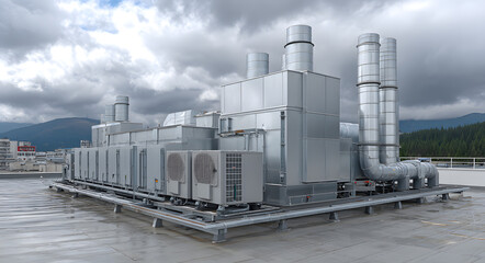Obraz premium Industrial rooftop HVAC and ventilation systems on a wet commercial building, signaling the need for repair roof and ongoing maintenance.
