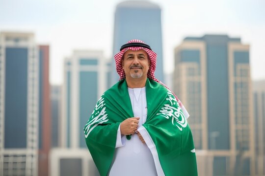 Showing love and loyalty to the state on National Day, September 23, wearing the traditional Saudi dress on Flag Day, March 11, a Saudi Gulf Arab man wearing the Kingdom&rsquo;s flag with pride and pride, c