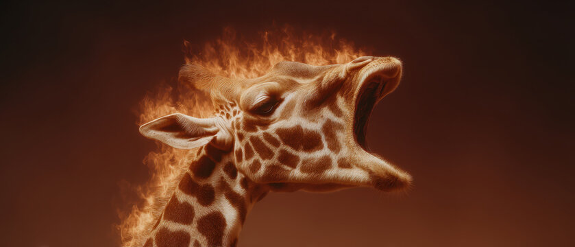 Giraffe head with flames on neck and mane roaring against dark background, creating dramatic and fiery effect