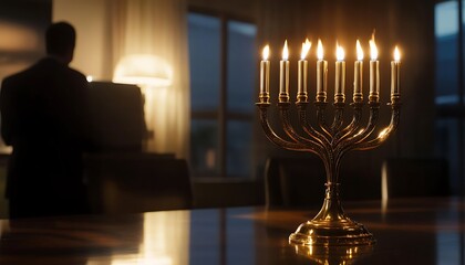 Fototapeta premium Lit Gold Hanukkah Menorah on Wooden Table With Man Back View Blurred Indoor