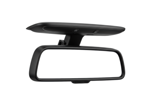 A sleek, modern smart rearview mirror with a blank white digital screen and minimalist overhead console, floating on a transparent studio background. Concept of customizable in-car technology