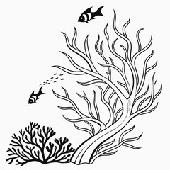 Stylized black and white illustration of two fish swimming near coral and seaweed on a white background