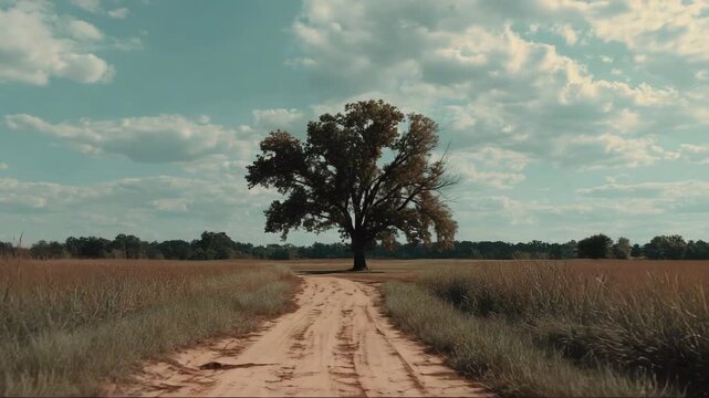 Solitary tree standing by a dirt road in an open field under clouds, representing a sense of harmony, inner alignment and freedom   