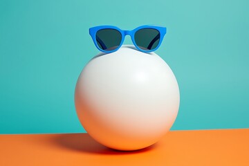  blue sunglasses resting on a white sphere against a teal and orange background, evoking a summer vibe