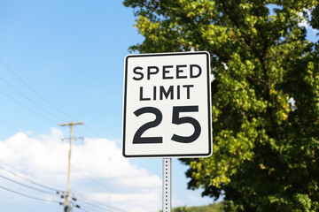 Speed limit road sign with number 25. Traffic regulation symbol on metal pole. Highway safety...