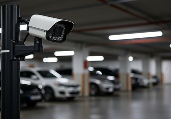  a white cctv security camera mounted on a black pole in a dimly lit parking garage with cars in the background
