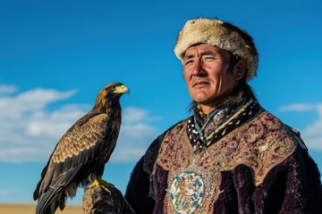 Kazakh Man with Eagle in Vast Steppe
