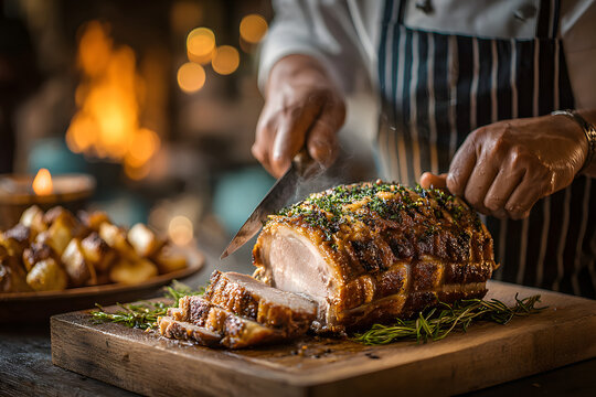 Chef skillfully carves a beautifully roasted pork on a wooden board, showcasing the precision of the technique and the inviting golden crust of the dish