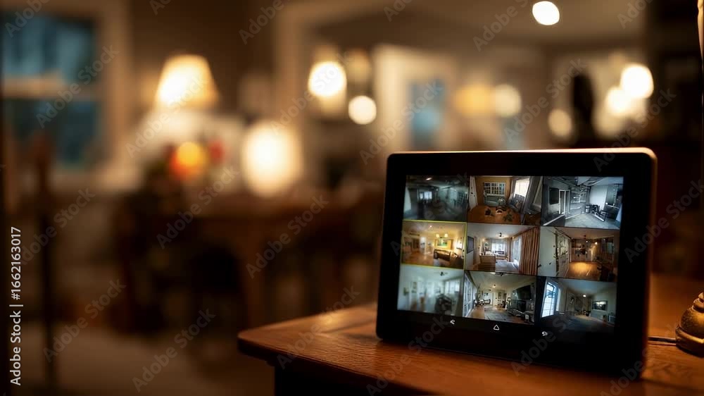 Poster modern smart home security system is displaying multiple real time camera feeds on digital tablet co