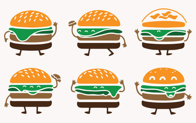 A collection cartoon burgers with sesame seed buns and expressive faces. Each has different toppings and poses, arms and legs raised playfully, conveying cheerfulness.