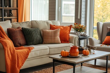 Cozy interior setting with Sofa, Pillows, Pumpkins,Vase and Blanket in Autumn Colors