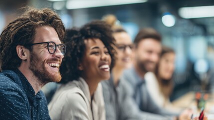Obraz premium diverse group of young businesspeople laughing while sitting together in a row at an office desk during a meeting no logos no brands ar 169