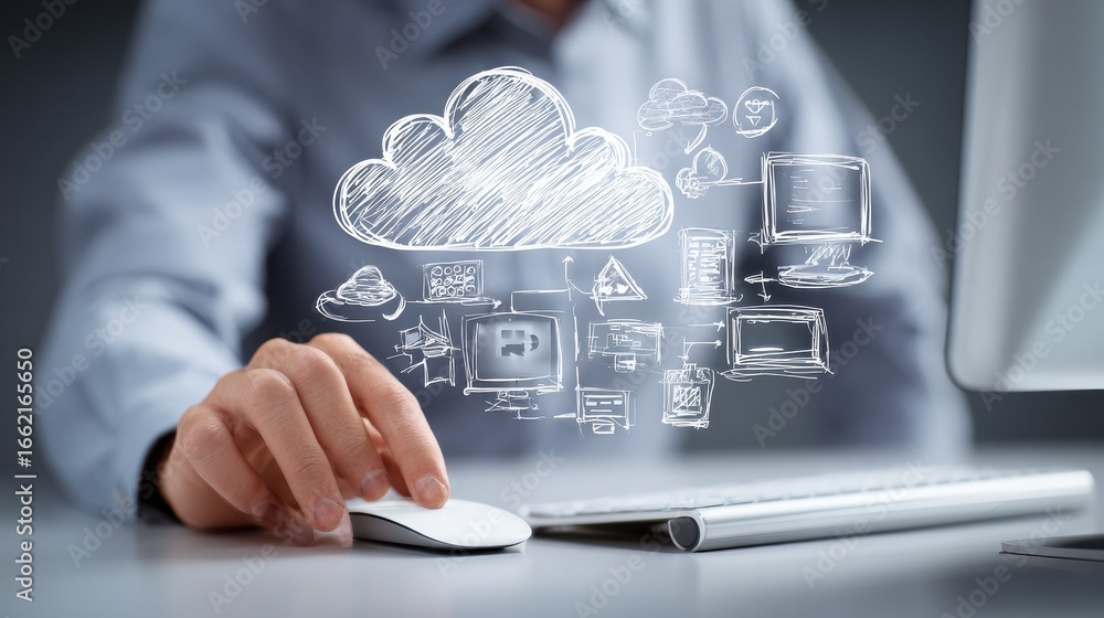 Poster businessman hand working with a cloud computing diagram on the new computer interface as concept no 