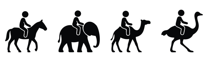 Stickman riding animals silhouette set featuring camel, horse, and elephant, cultural travel icons and traditional transportation design
