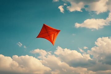 Orange Diamond Kite Flying High Against Cloudy Sky, Summer Outdoor Activity