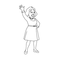 A cheerful cartoon woman waves her hand with a smile. Linear art. Vector. Transparent background. Isolated.