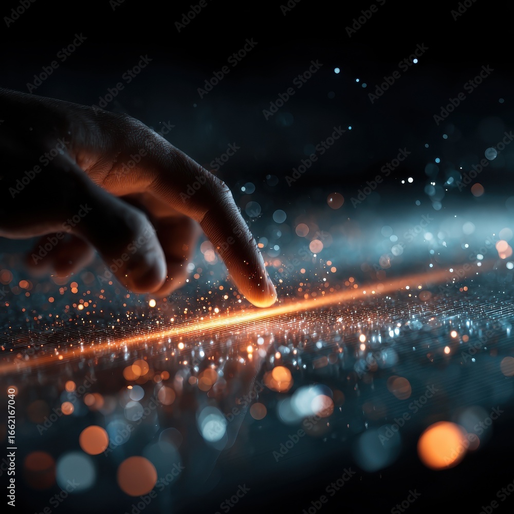 Poster futuristic digital interface with a hand interacting with glowing data particles on a virtual surfac