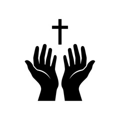 Vector art of black silhouette of two open hands raised upwards towards a christian cross, symbolizing prayer, faith, and hope, isolated on a
