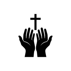 Fototapeta premium Vector art of open hands reaching up towards a christian cross, symbolizing prayer, faith, and hope