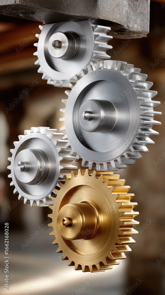 Poster different sizes of metallic gears interlocking together in a workshop setting during the day, showca
