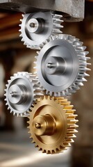 Different sizes of metallic gears interlocking together in a workshop setting during the day, showcasing a blend of silver and gold hues