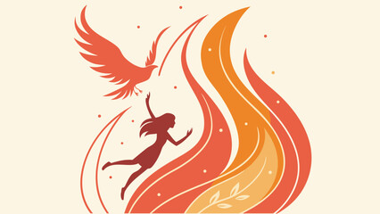 Illustration depicting a woman reaching for a flying bird near stylized flames and foliage