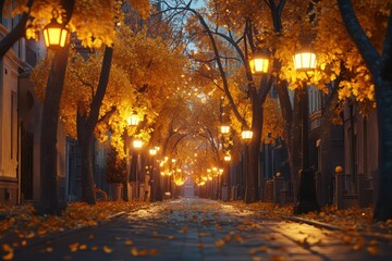 Fototapeta premium Golden Autumn Street with Lanterns