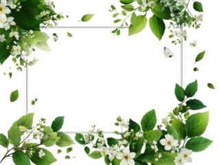 Frame with green leaves and flowers. Isolated transparent background. Spring decoration design elements. PNG