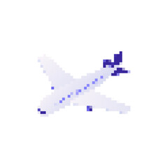 Mosaic pixel art airplane icon in cartoon style with blue and white design. simple and colorful look.