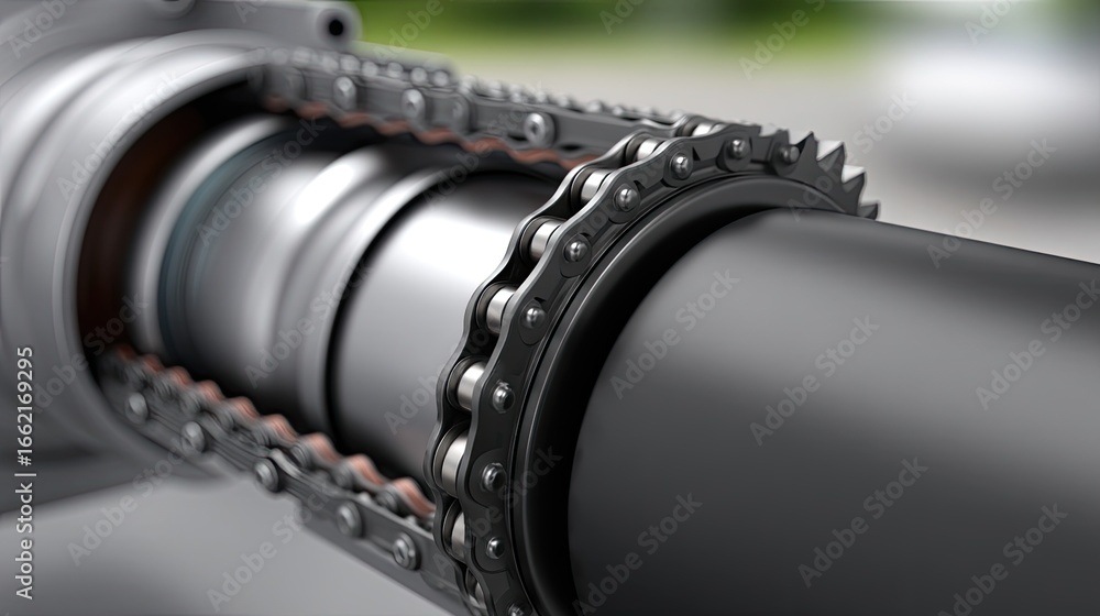 Poster close-up view of a high-quality chain and sprocket assembly in a mechanical system during daylight