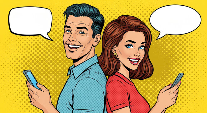 Fototapeta Happy smiling man standing with his back to charming smiling young woman holding smartphones in hands, with joyful and charming smiles, flirting with each other on the phone. Pop art comic style