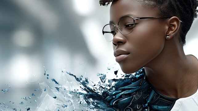Professional woman in glasses and stylish attire standing confidently against a futuristic digital display in an office environment during daytime