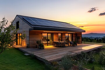 Fototapeta premium Modern Wood House with Solar Panels at Sunset Eco Home Design