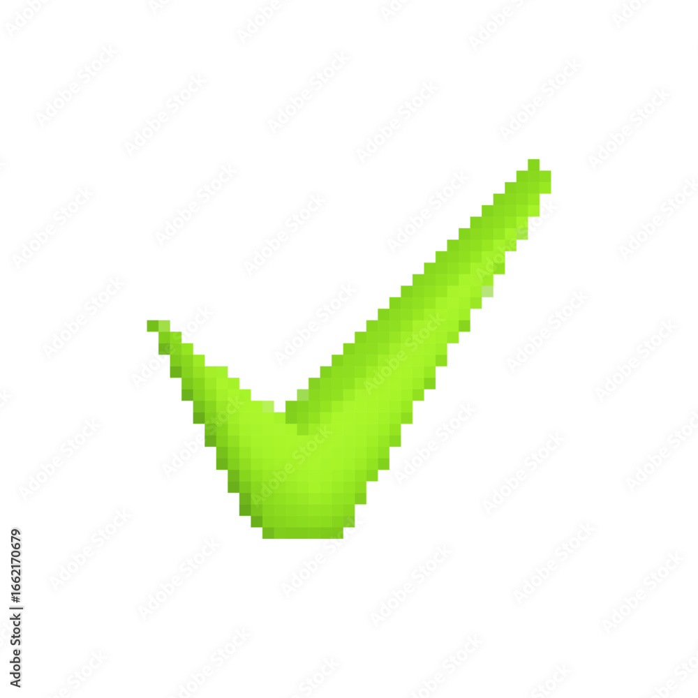 Aufkleber bright lime green checkmark icon with a pixelated mosaic style and sharp angular design.