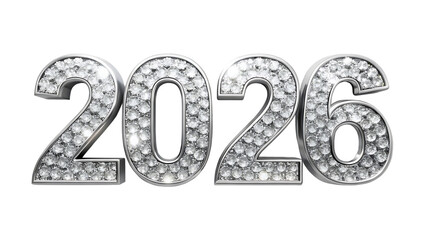 The year 2026 represented by sparkling diamonds, isolated on transparent background